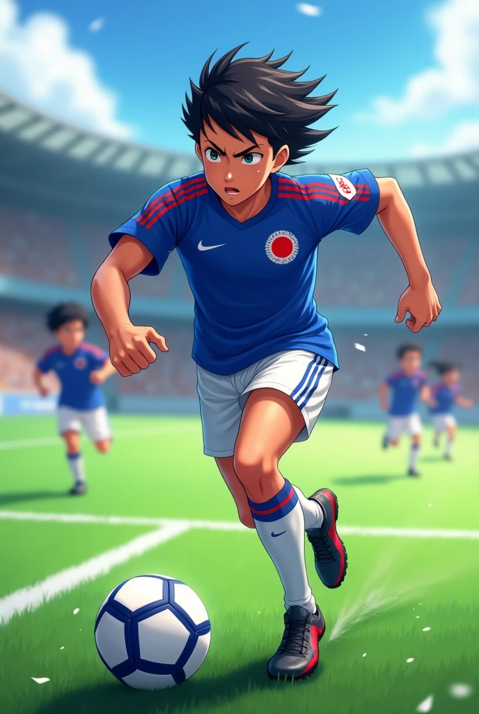 Create image of "matsuno chifuyu from tokyo revenger" playing soccer. Make him wear blue japanese national team jersey