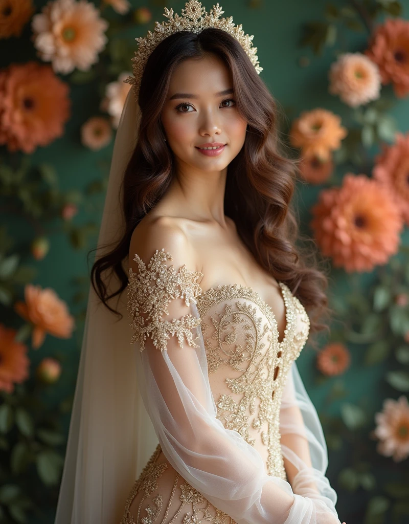 photograph full body, beautiful bride, Thai woman 30 years old, brown Curly hair, Elegant silk fabric shiny and sparkling. Lace Headscarf , Stand facing forward. flower background.