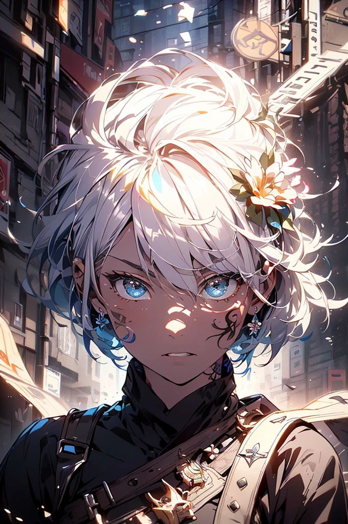 1 person((8k resolution))、((Highest quality))、((masterpiece))、((Very detailed))((((dramatic))), (((Rough feeling))), (((intense)))Focus on the face、tattoo、Clear Shadows、Vibrant, front,flower々background、Rich colors,Be confident,coil,scene,Boldness,to attract attention,Smart、tendency、I focus,Gray Hair,Short Bob