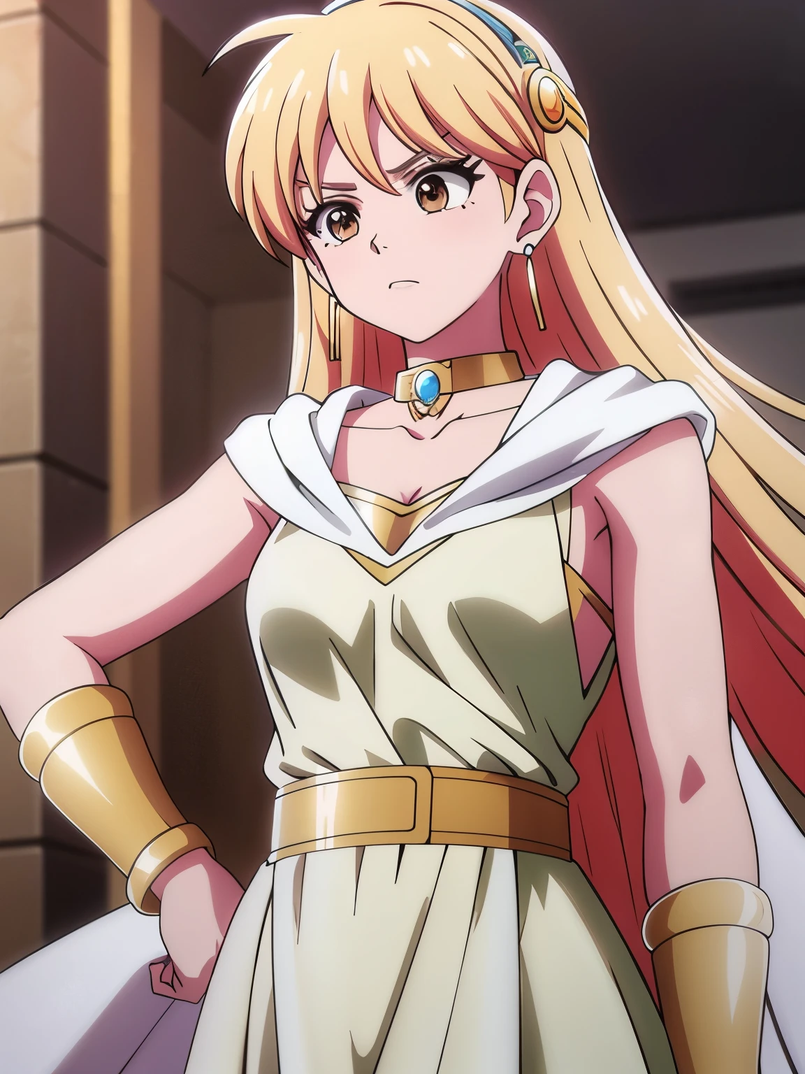 (masterpiece, highest quality:1.2, 8k yen, Ultra-high resolution), RAW Photos, Professional Lighting, Cinema Lighting, 1 girl, alone, Leona, Dragon Quest:dai no daibouken, (blonde, Long Hair, Brown eyes, hair ornaments, bangs), ((brass Circlet, choker, earrings, golden armor pads:2.0, Earrings, golden hair pin, white robe, green dress, Golden belt, golden bracelet, cloak)), Big eyes, ((no back ground)), (Ultra Slim Waist, Ultra slim model body style), Highly detailed face, Highly detailed eyes, (directly front view), full body shot, standing, 