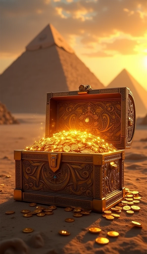 Egyptian Pyramids with Glowing Treasure Chest:"A scene of Egyptian pyramids at sunset, with a treasure chest glowing in front of one of the pyramids. The chest is overflowing with gold, jewels, and ancient artifacts, radiating a mystical light."