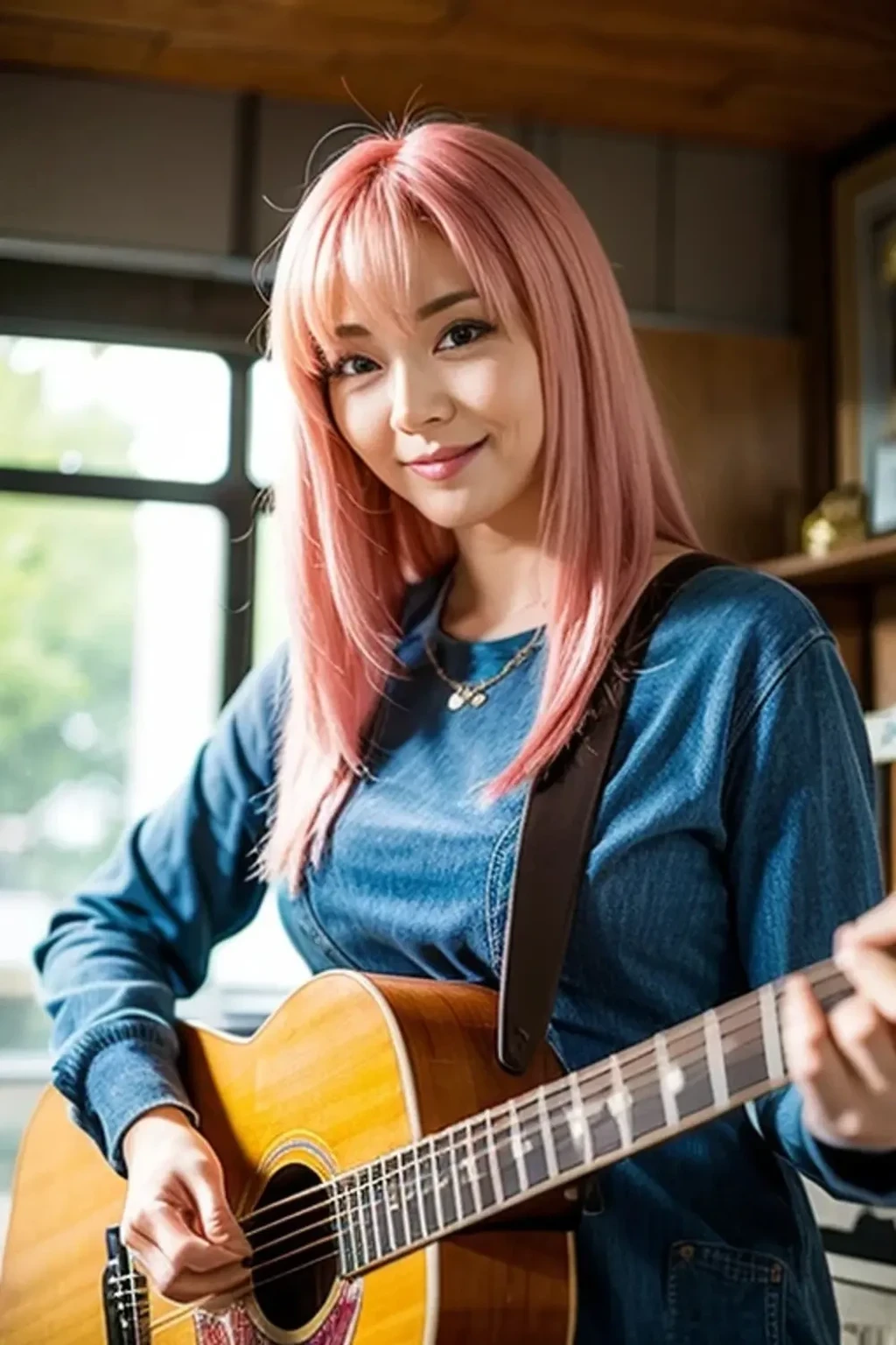 arafed woman Pink Hair playing a guitar in a room, Roseanne Park from Blackpink, San Yun-ju, Janice Sun, Pink Hair, portrait of Black Pink&#39;s Joshi, Larisa Manovar, Black Pink&#39;s Joshi, Lalisa Manoban of Blackpink, Belle Delphine, Choi Hong-hwa, amy sol style