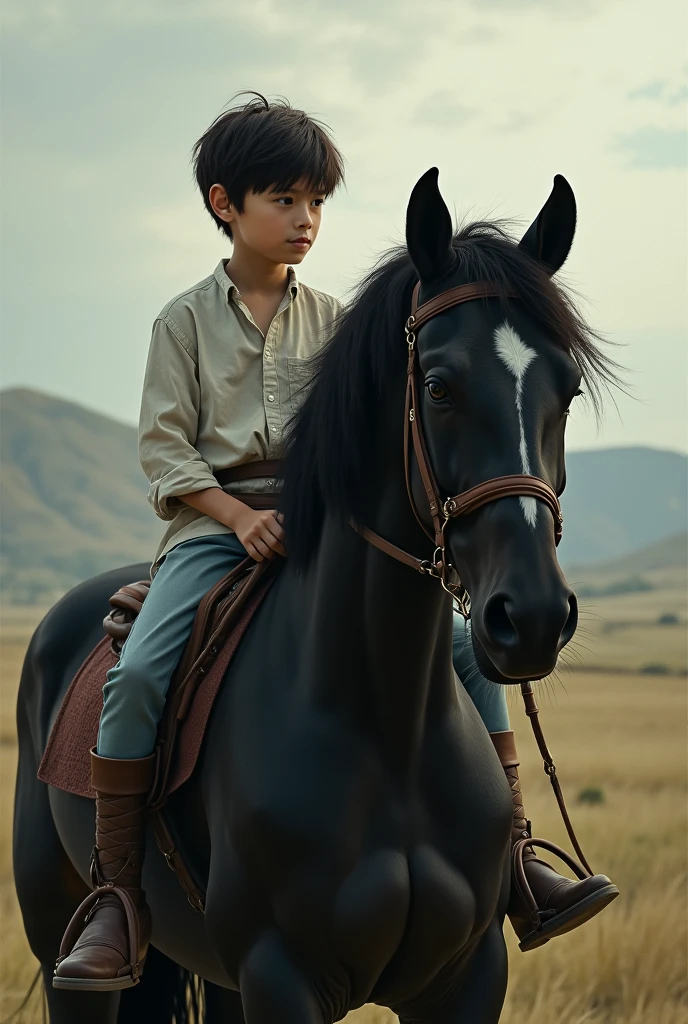 A boy sitting on the black horse with beautiful deep and black ey6
