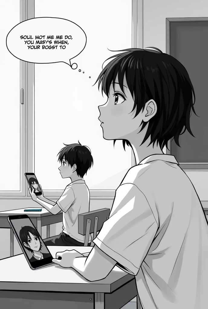 Setting: A school classroom with desks and a chalkboard.
Character 1: A girl with short hair, wearing a school uniform, looking contemplative while sitting at her desk. She could be gazing out the window, lost in thought.
Character 2: A boy with medium-length hair, also in a school uniform, appearing on a smartphone screen. He should have a concerned expression, as if he's messaging the girl.
Visual Style: Monochrome with soft shading to convey emotion, with a focus on facial expressions.
Dialogue Box: Include a chat bubble from the boy, showing a supportive message to the girl