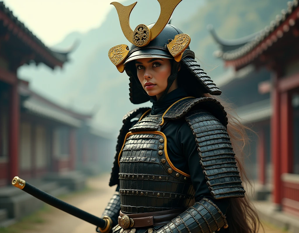 Aishwarya Rai as samurai, wearing yellow heavy samurai armor, wearing Samurai helmet, and mask, standing and holding a katana, fullbody view, side view,