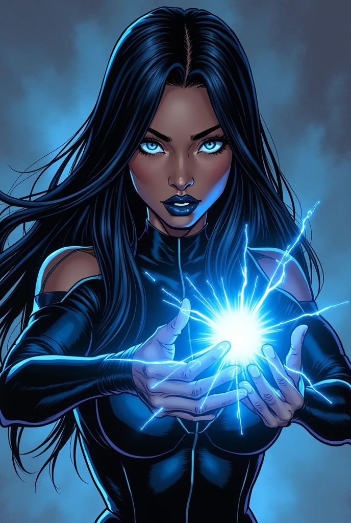 Black woman, with long black hair, straight and with blue highlights in the hair. light coming out of the eyes , with blue powers in their hands, ready for combat saving the universe, man with erect penis in the background. in comics