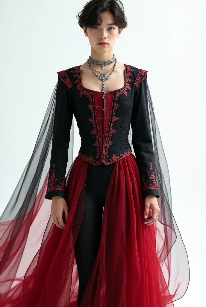 a 2d sketch of a medieval dress with a red top with gold details and no sleeves, and the bottom with a knee-length skirt with a little volume in black with red lining