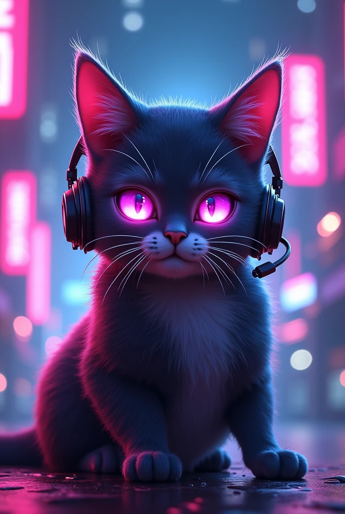 The image depicts a digital artwork of an anthropomorphic cat character wearing a headset, with neon lighting effects in the background. The character has distinct cat-like features such as pointed ears and whiskers, and is shown with glowing purple eyes. The overall style suggests a futuristic or cyber-themed setting. At the bottom, there’s text that reads “IG gamer.”