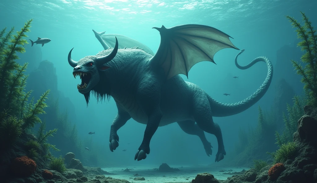 There is a creature underwater，The fish has a bull&#39;s head and a snake&#39;s tail，Wings growing from the ribs（best quality，4K，8k，High level，masterpiece：1.2），Ultra Detailed，（lifelike，Photo real，Photo real：1.37）