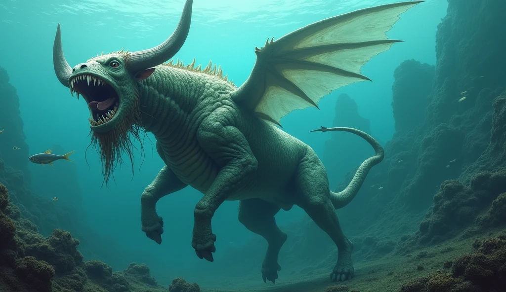 There is a creature underwater,The fish has a bull's head and a snake's tail,Wings growing from the ribs(best quality,4K,8k,High level,masterpiece:1.2),Ultra Detailed,(lifelike,Photo real,Photo real:1.37)