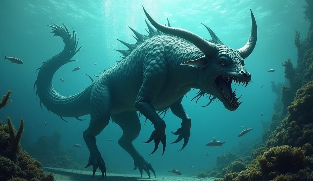 There is a creature underwater,The fish has a bull's head and a snake's tail,Wings growing from the ribs(best quality,4K,8k,High level,masterpiece:1.2),Ultra Detailed,(lifelike,Photo real,Photo real:1.37)