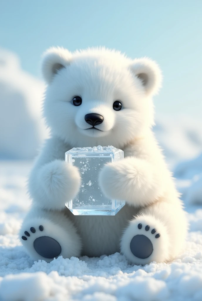 White bear, Beautiful fair skin, white fur, The body is white, Long, dense hair, At the North Pole, ultra realistic, realism, cute, charming, Daytime, Clean body, Medium height, Big eyes,Until fluffy, Ambient lighting, perfect anatomy, body and face in detail, Sitting hugging a clear ice cube