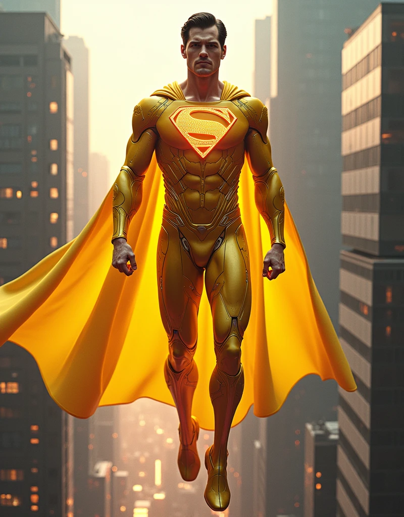 Superman emerges as a yellow Cybernetic Guardian. His iconic suit is now a sleek, yellow armor embedded with advanced cybernetic enhancements, glowing with a soft red luminescence. His cape, a shimmering veil of yellow light, flows like data through the air. With enhanced strength, speed, and a connection to a vast digital network, he soars through the skies as a beacon of hope in a technologically advanced cyberpunk city