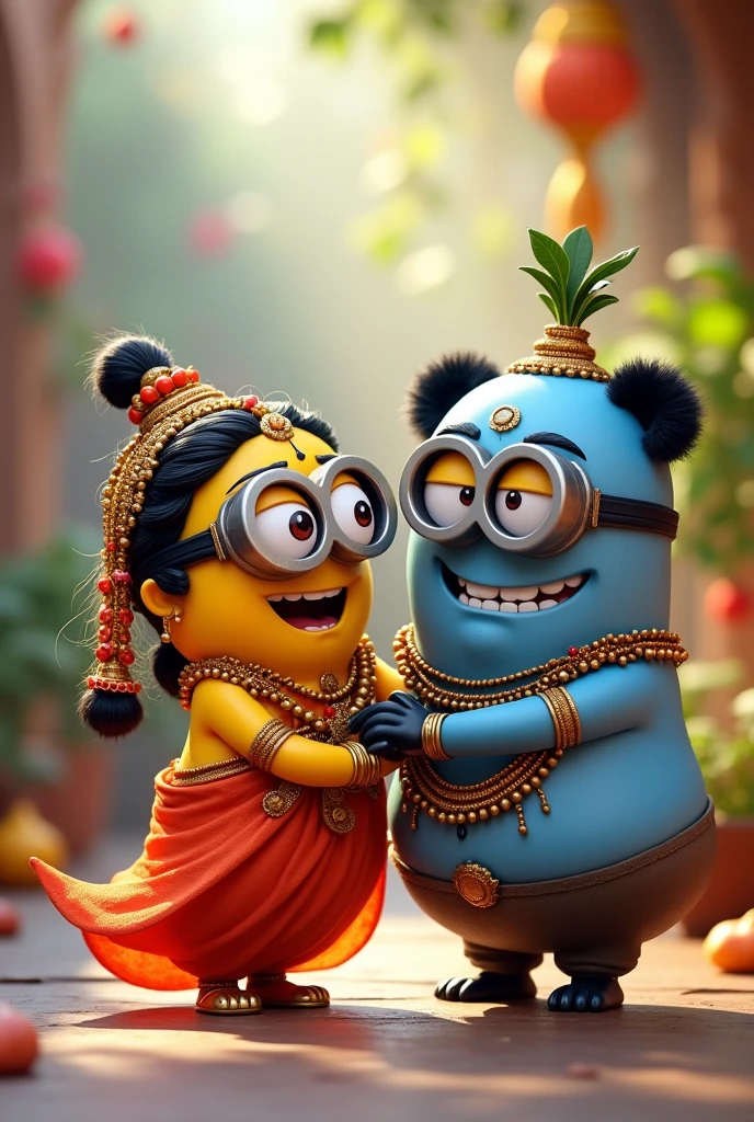 Radha god as minion yellow with Krishna panda (teeths inside and make them cute ) make them look like minion cartoon