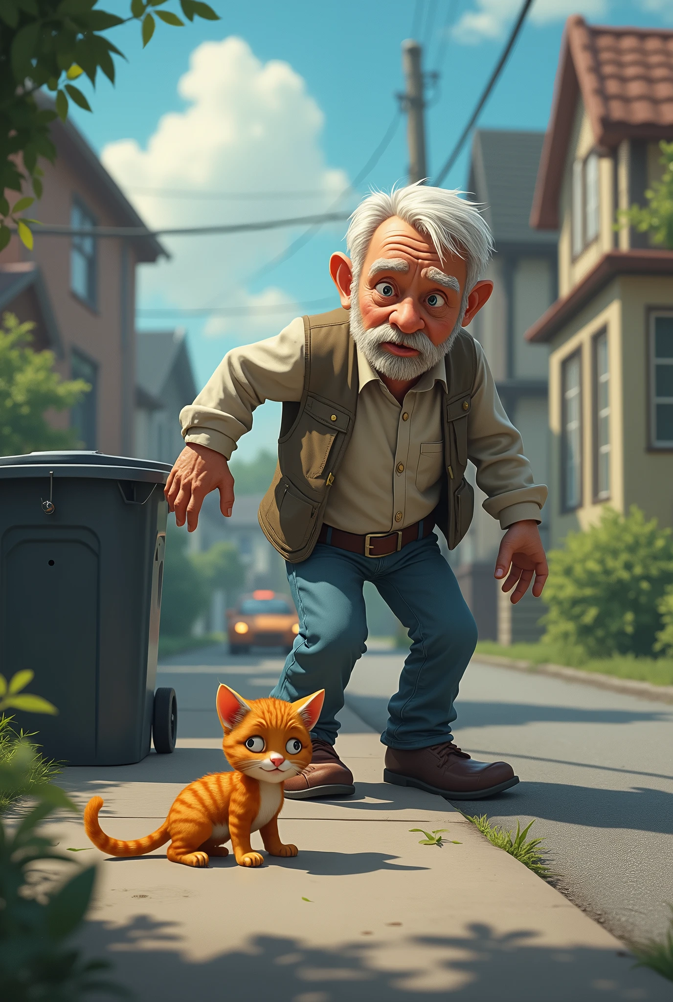 A little cat got lost in the house. It was lying on the edge of a road near a trash can. A car passed by. An old man came and threw the trash. He looked shocked and felt sorry for it. When he saw it, he carried the kitten back home.