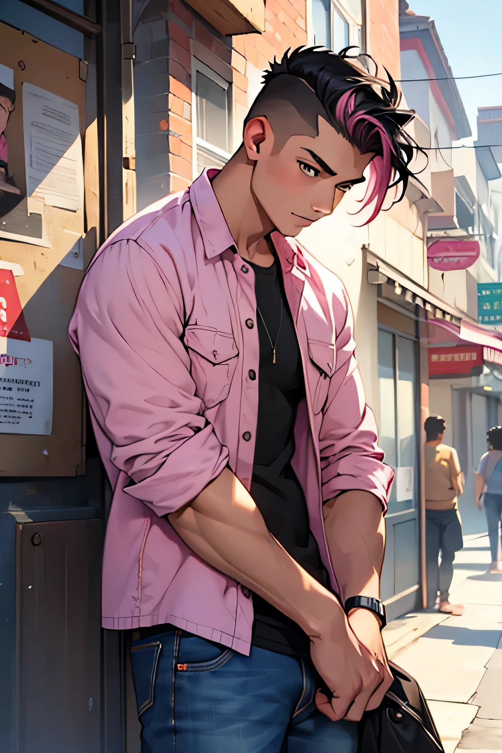 (digital art), (masterpiece), (best quality), 1guy, young guy, male, lean build, short cut hair, shaved sides, black hair with pink streaks, brown eyes, cute, casual clothing, jeans, shirt