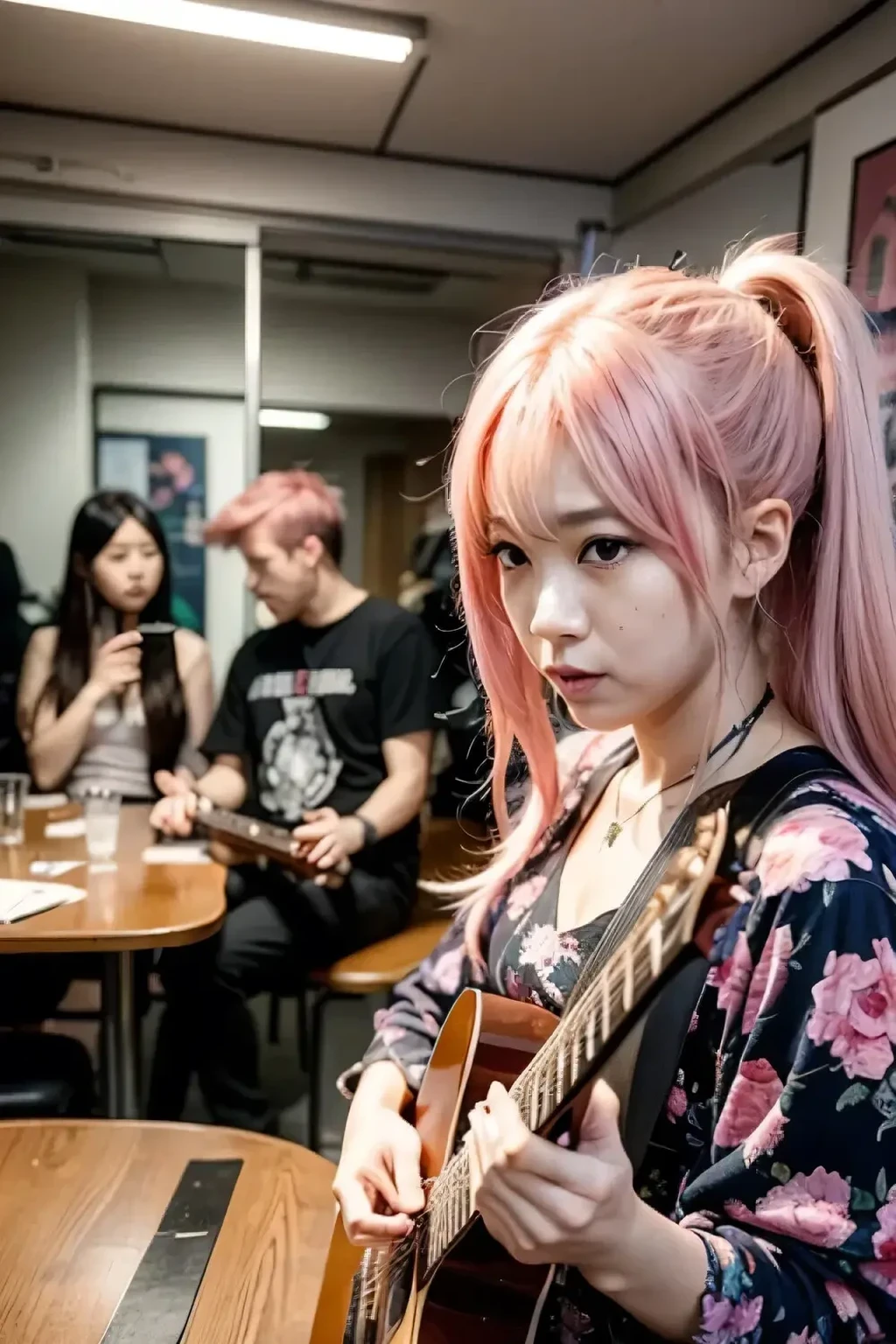 there is a woman with Pink Hair playing a guitar in a room, roseanne park of Black Pink, jossi of Black Pink, portrait of jossi of Black Pink, with Pink Hair, lalisa manoban of Black Pink, San Yun-ju, Black Pink, portrait of female Korean Idol, Korean Idol, Pink Hair, jisoo of Black Pink, flowing Pink Hair, korean artist