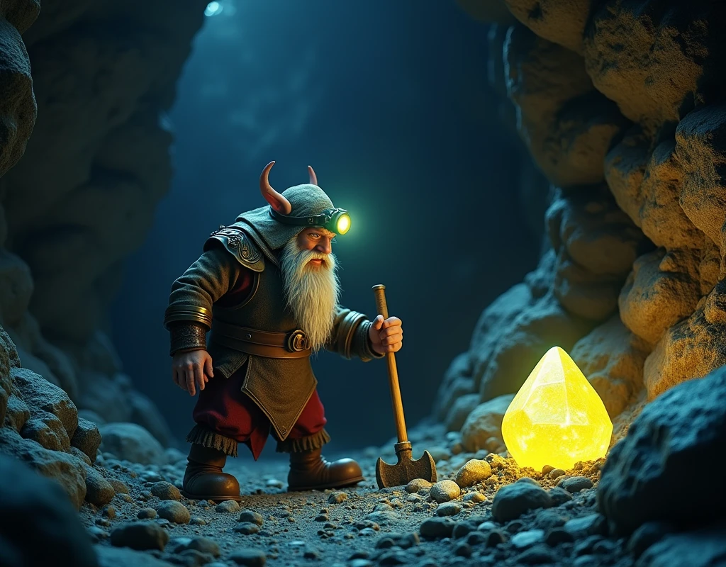 Artstation CGI, Cinematic CGI, bokeh, A dwarf lights up a stony place with his headlamp. A rugged dwarf discovers a marvelous rough gem from the rocky walls as he trys to dig it out with his trusty pickaxe. His simple digger armor protects him. The gem glows brilliantly in the darkness. Cavern, underground. Some lightly glowing mushrooms dot the cave. a few unwanted gems dot the cave walls. Splendor and wonder. Very gloomy, very dark, large grotto. High Fantasy