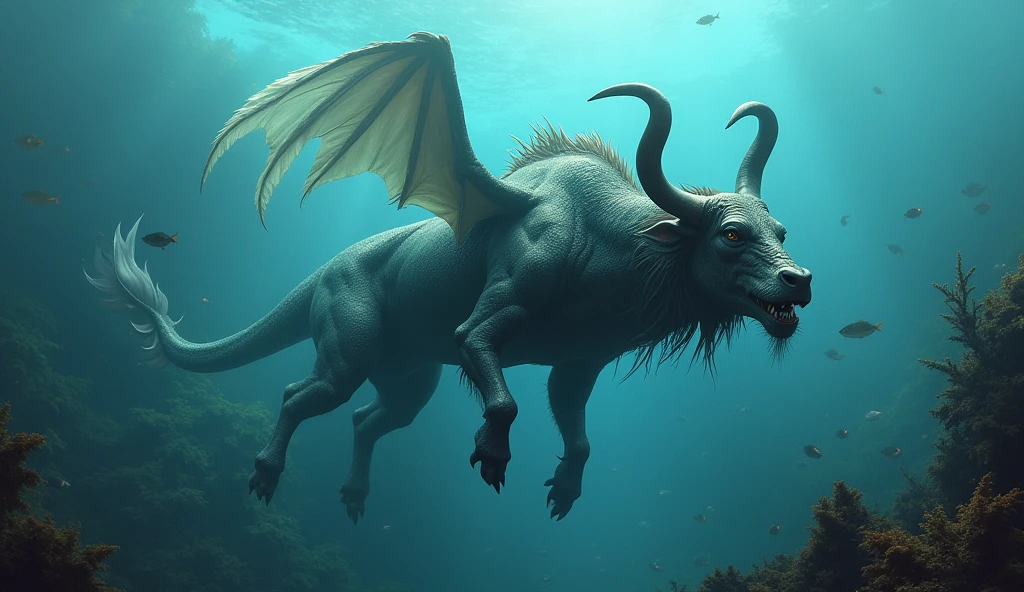 There is a creature underwater,The fish has a bull's head and a snake's tail,Wings growing from the ribs(best quality,4K,8k,High level,masterpiece:1.2),Ultra Detailed,(lifelike,Photo real,Photo real:1.37)