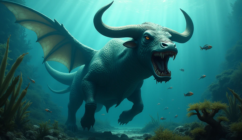 There is a creature underwater，The fish has a bull&#39;s head and a snake&#39;s tail，Wings growing from the ribs（best quality，4K，8k，High level，masterpiece：1.2），Ultra Detailed，（lifelike，Photo real，Photo real：1.37）