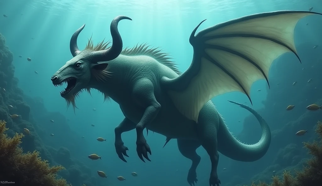 There is a creature underwater,The fish has a bull's head and a snake's tail,Wings growing from the ribs(best quality,4K,8k,High level,masterpiece:1.2),Ultra Detailed,(lifelike,Photo real,Photo real:1.37)