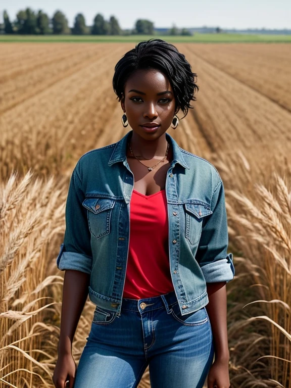 ebony beauty with short straight black hair. Penetrating brown eyes should be the focal point. She is wearing a red flannel shirt and denim jeans, In the background, a wheat field is shown, a heavenly and luxurious place, 8k, perfect photo, dark skin, chocolate skin, beautiful green eyes. impeccable image of high quality and creativity, RAW colors, balanced lights