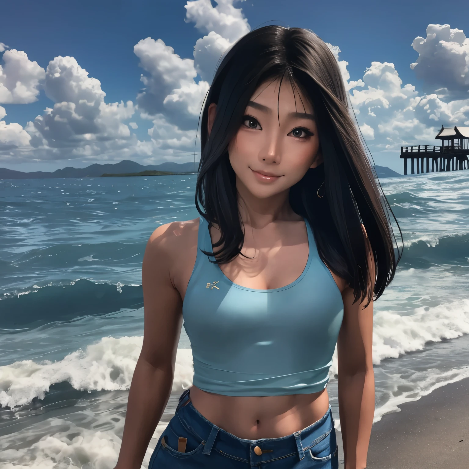 A woman wearing a tank top and jeans is standing on a pier., A young and cute Korean-Japanese half-woman, a 若いAsian Woman, 若いAsian Woman, Beautiful young Korean woman, young asian girl, beautiful 若いAsian Woman, Beautiful Korean Women, Asian Woman, Waving and smiling, Beautiful Asian, 美しいAsian Woman, Long haired asian girl, near a jetty,Light blue sea、Not glamorous,穏やかな海
