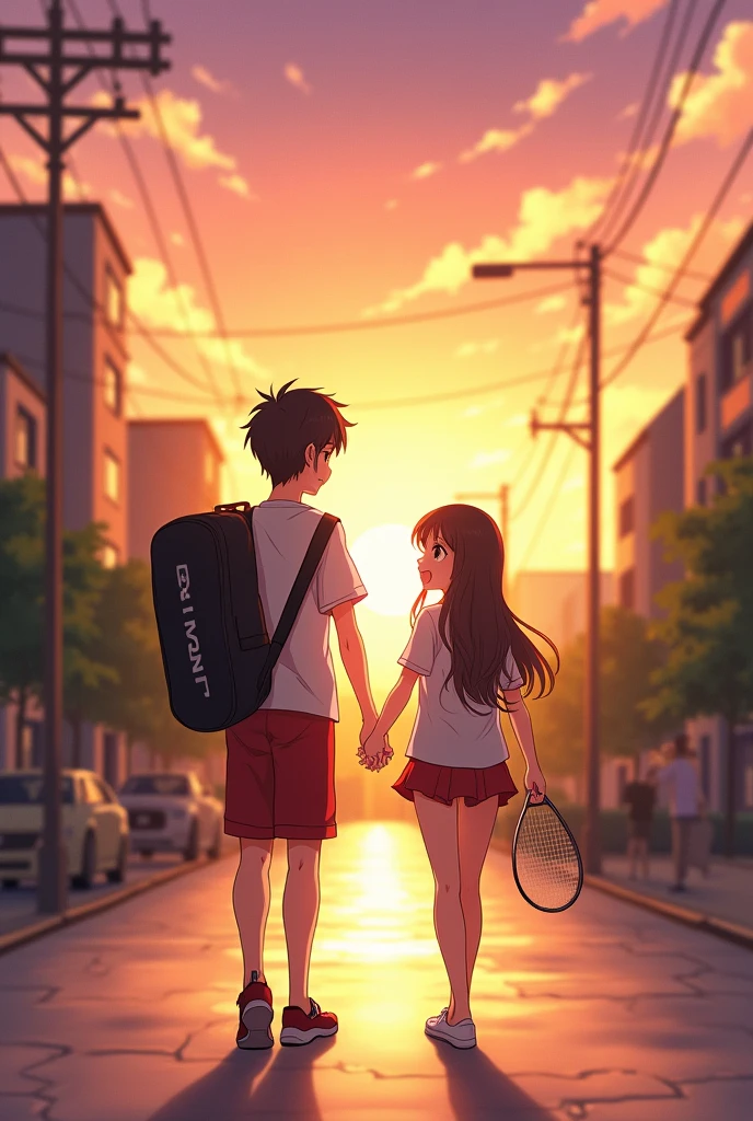 A couple walks hand in hand on the street, heading home in the sunset. The boy is wearing sportswear and holding a black badminton bag. He is 180cm tall. The girl looks at him shyly. Anime style