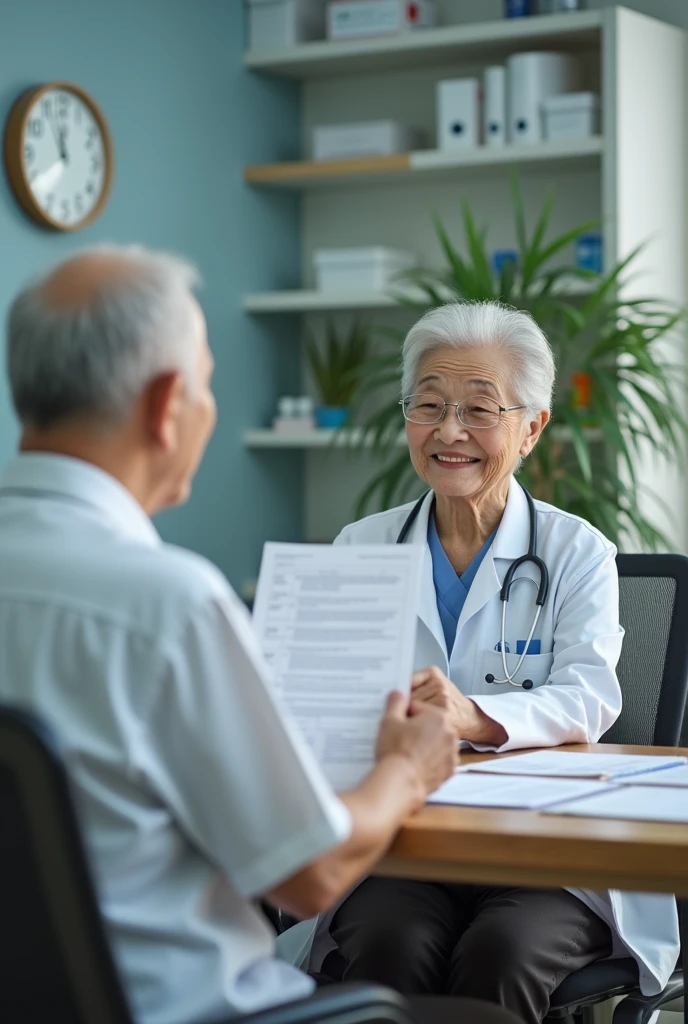 An elderly Chinese female doctor in a clinic with an elderly patient, smiling and holding a health report. Real portrait, real scene
