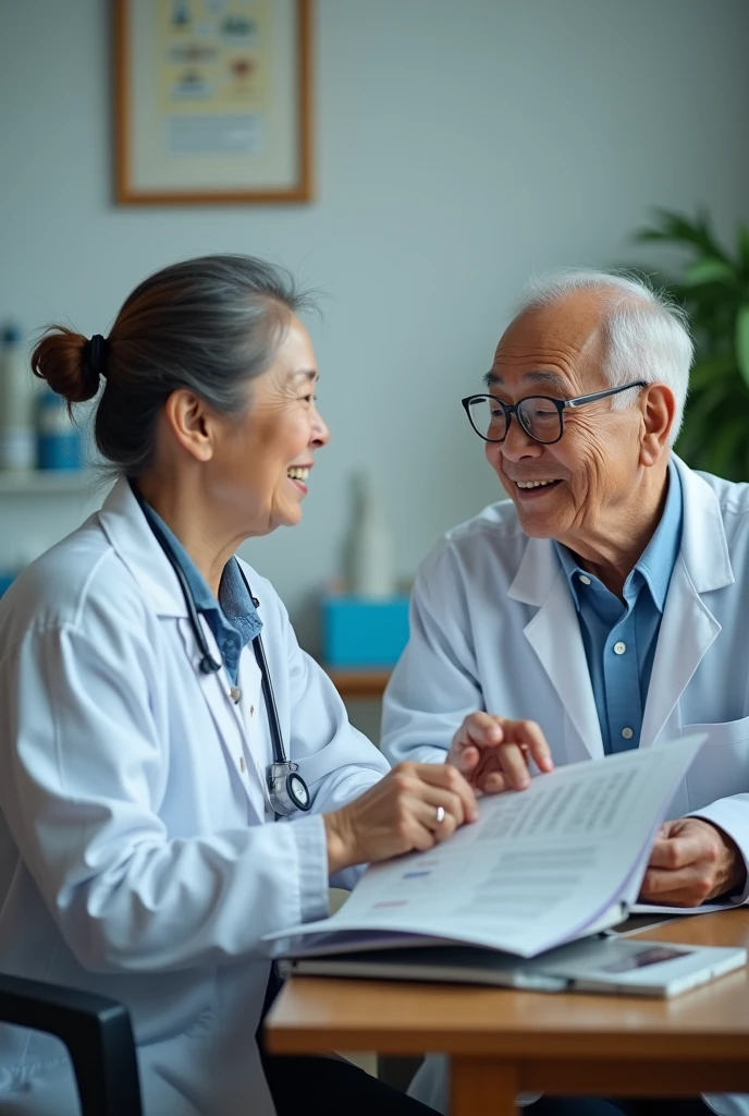 An elderly Chinese female doctor in a clinic with an elderly patient, smiling and holding a health report. Real portrait, real scene