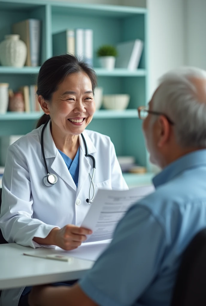An elderly Chinese female doctor in a clinic with an elderly patient, smiling and holding a health report. Real portrait, real scene