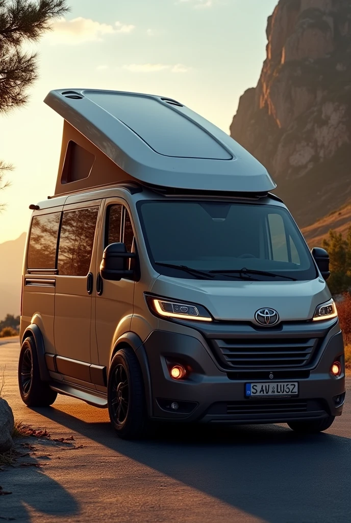 a futuristic toyota minivan, highly detailed, long nose, high rooftop, 2023 model, parked next to a peugeot 2cv with a campervan body modification, cinematic lighting, photorealistic, 8k, dramatic angles, intricate details, warm color tones