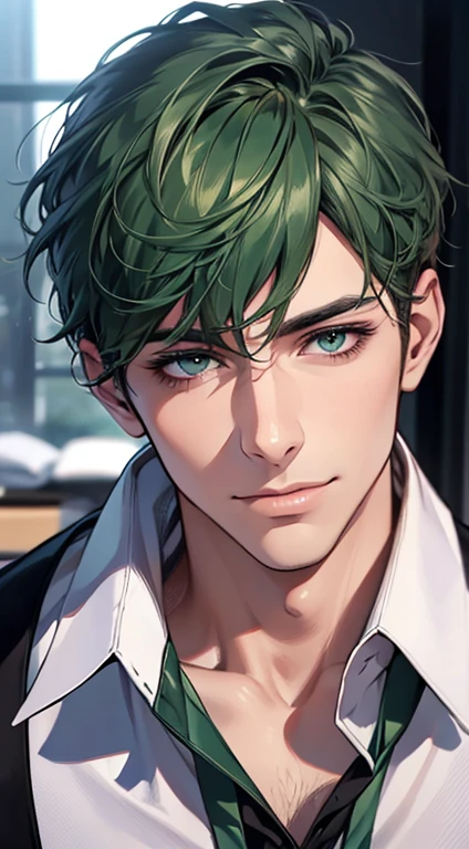 (Highest quality,4K,8K,High resolution,masterpiece:1.2),Super detailed,(Realistic,photoRealistic,photo-Realistic:1.37),1 personld,Mature Men,Beautiful skin, very handsome,Expressionless,smile in love,Short green hair,blue eyes,Sharp Eyes,A perfect face without a doubt,Businessman, CEO,Office Background,Cinema Lighting,HDR image,tie、