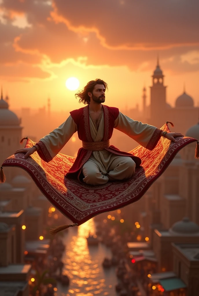 Sure, let's create a revised prompt and 100 keywords aimed at achieving a photorealistic artwork of “Aladdin flying on a flying carpet.” This prompt and keyword set will focus on achieving lifelike details, realistic textures, and a sense of immersion.

### Revised Prompt:
Create a photorealistic depiction of Aladdin flying on a richly detailed flying carpet over a vast cityscape during a sunset. The scene should capture the texture of the fabric, the embroidery of the carpet, and the atmospheric glow of the setting sun. Aladdin’s clothes should show natural folds and intricate patterns, with lifelike facial expressions and realistic skin textures. The sky should be filled with clouds, reflecting the warm hues of the sunset. The city below should be bustling with life, with tiny details of buildings, minarets, and market stalls. The entire composition should have a sense of motion, depth, and a magical yet realistic atmosphere.

### 100 Keywords for Photorealism:

1. Photorealistic  
2. High definition  
3. Realistic textures  
4. Skin texture  
5. Light reflections  
6. Intricate embroidery  
7. Natural shadows  
8. Atmospheric perspective  
9. Sunset lighting  
10. Golden hour  
11. Dynamic movement  
12. Facial expression  
13. Realistic clouds  
14. Natural folds  
15. Warm colors  
16. Cinematic feel  
17. Realistic eyes  
18. Embroidered patterns  
19. Wind-blown hair  
20. Fabric details  
21. Depth of field  
22. Soft focus  
23. Lens flare  
24. Realistic cityscape  
25. Reflective surfaces  
26. Light scattering  
27. Natural skin tone  
28. Realistic sky  
29. Subtle blush  
30. Realistic architecture  
31. Shadow depth  
32. Fine details  
33. Glowing lanterns  
34. Street lights  
35. Ambient light  
36. Lifelike rendering  
37. Realistic proportions  
38. Dynamic perspective  
39. Veins on leaves  
40. Realistic atmosphere  
41. Smooth gradients  
42. Color accuracy  
43. Weathered look  
44. Stone texture  
45. Photographic realism  
46. High-resoluti