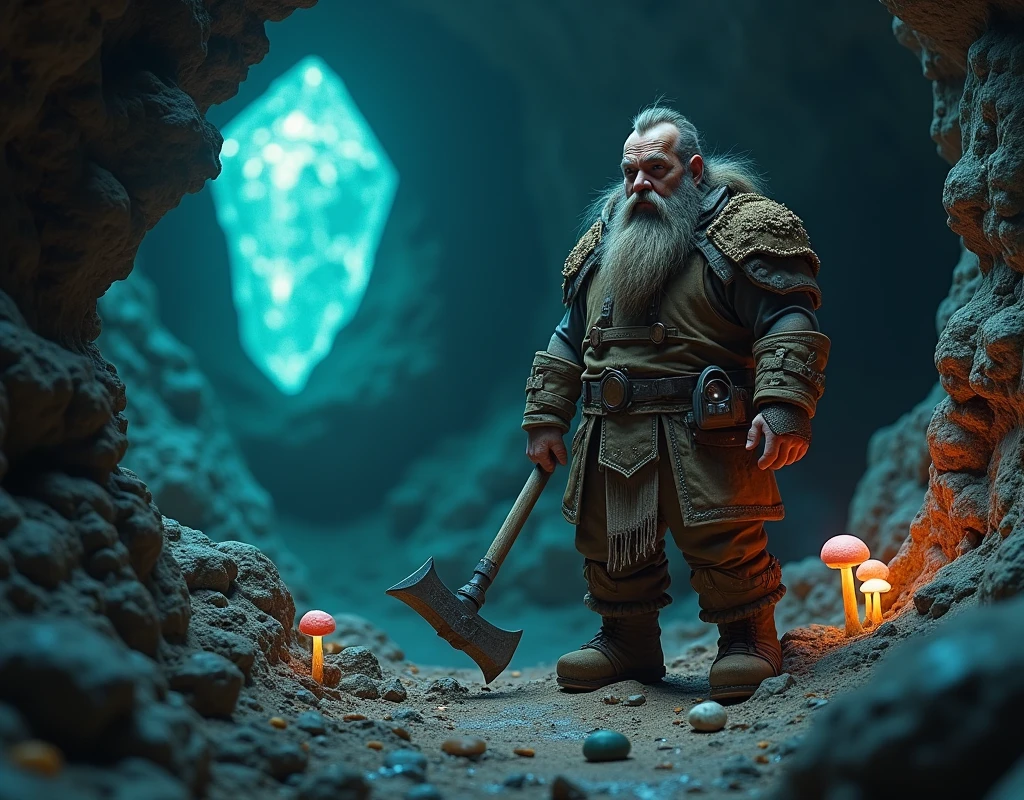 Artstation CGI, Cinematic CGI, A dwarf lights up a stony place with his headlamp. A rugged dwarf discovers a marvelous rough gem from the rocky walls as he trys to dig it out with his trusty pickaxe. His simple digger armor protects him. The gem glows brilliantly in the darkness. Cavern, underground. Some lightly glowing mushrooms dot the cave. a few unwanted gems dot the cave walls. Splendor and wonder. Very gloomy, very dark, large grotto. High Fantasy