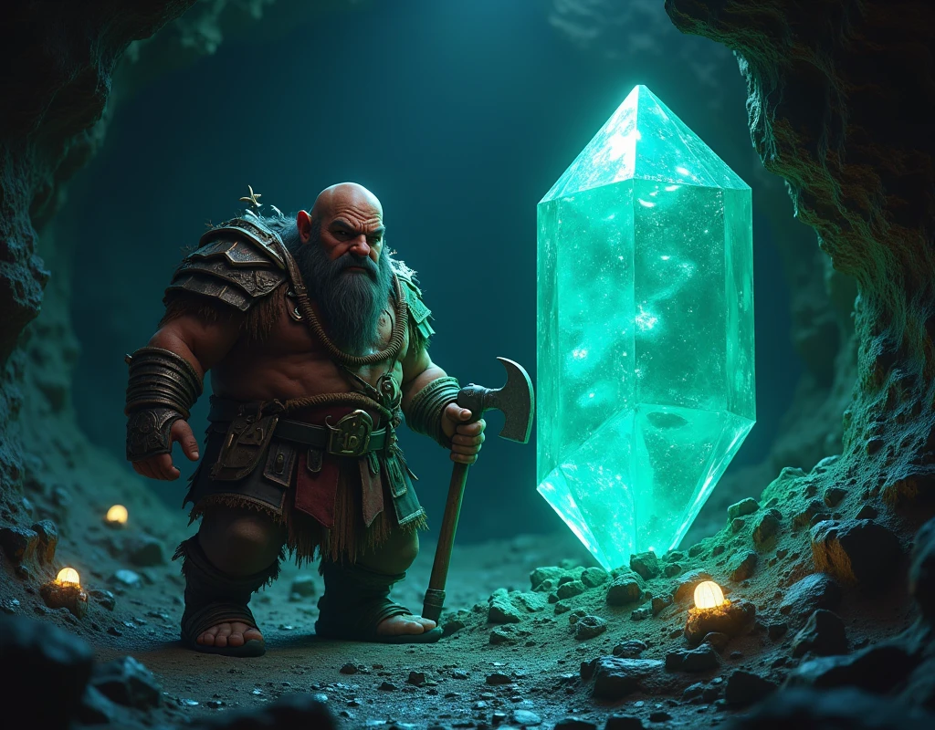 Artstation CGI, Cinematic CGI, A dwarf lights up a stony place with his headlamp. A rugged dwarf discovers a marvelous rough gem from the rocky walls as he trys to dig it out with his trusty pickaxe. His simple digger armor protects him. The gem glows brilliantly in the darkness. Cavern, underground. Some lightly glowing mushrooms dot the cave. a few unwanted gems dot the cave walls. Splendor and wonder. Very gloomy, very dark, large grotto. High Fantasy
