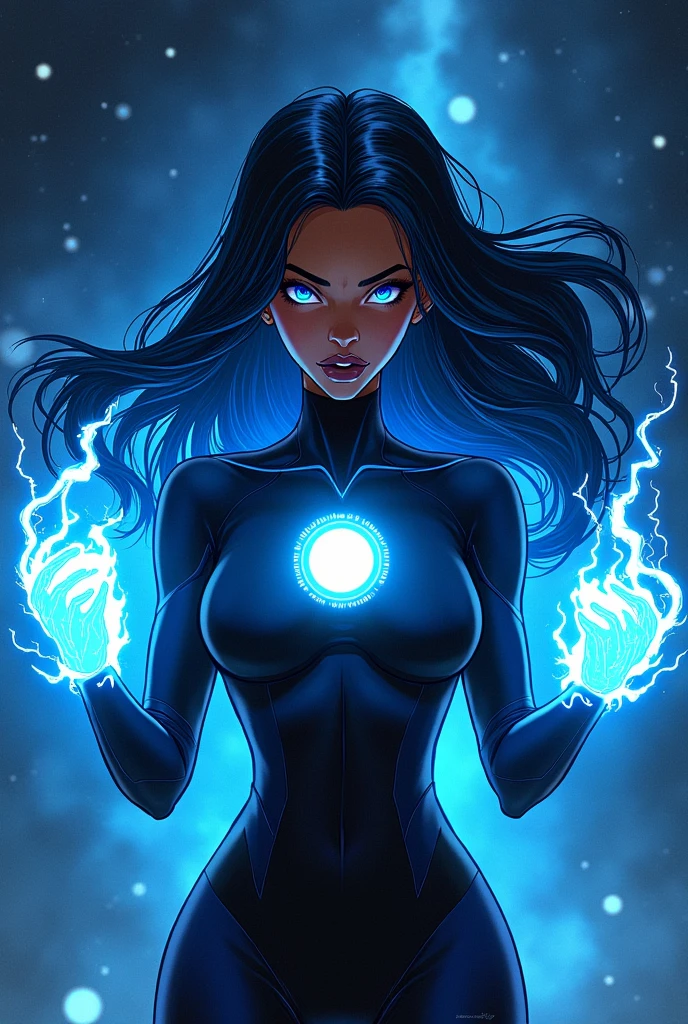 Naked black woman, with long black hair, straight and with blue highlights in the hair. light coming out of the eyes , with blue powers in their hands, ready for combat saving the universe, in comics
