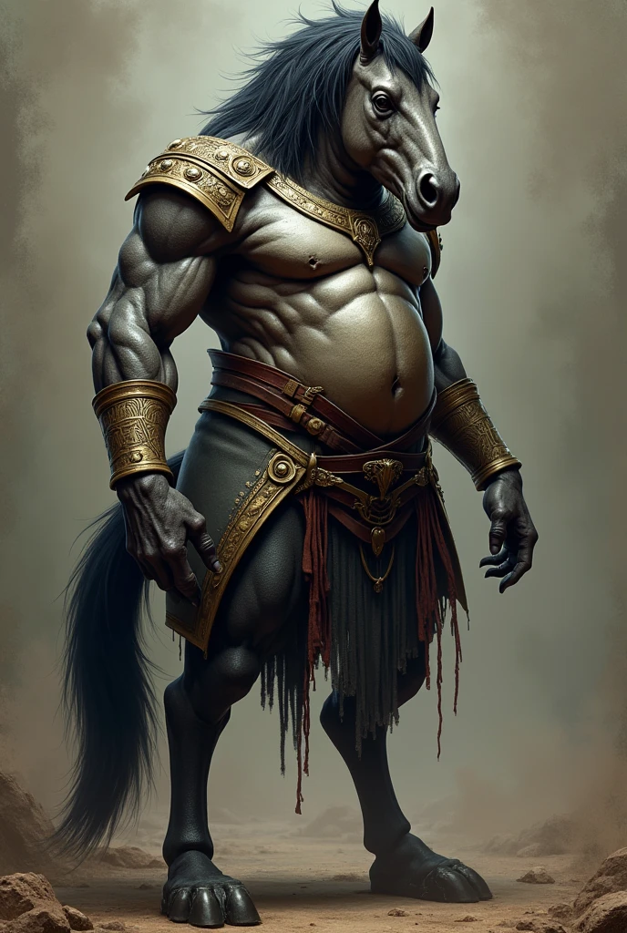 A horse-beast soldier in early modern European military uniform, with human arms、The feet are horse-hoof shaped。
It has a bulging belly and a black tail.