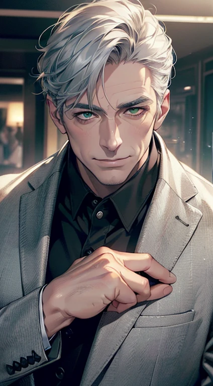 (best quality,4k,8k,highres,masterpiece:1.2),ultra-detailed,(realistic,photorealistic,photo-realistic:1.37),cinematic lighting,1:4 hdr image,a mature man, 2,very handsome,cold expression smile in love, short grey white hair, green eyes,flawless face,buttoning his jacket,CEO