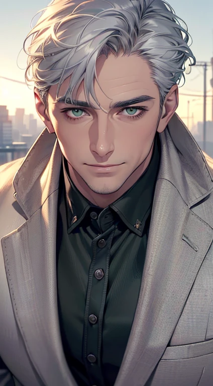 (best quality,4k,8k,highres,masterpiece:1.2),ultra-detailed,(realistic,photorealistic,photo-realistic:1.37),cinematic lighting,1:4 hdr image,a mature man, 2,very handsome,cold expression smile in love, short grey white hair, green eyes,flawless face,buttoning his jacket,CEO
