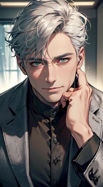 (best quality,4k,8k,highres,masterpiece:1.2),ultra-detailed,(realistic,photorealistic,photo-realistic:1.37),cinematic lighting,1:4 hdr image,a mature man, 2,very handsome,cold expression smile in love, short grey white hair, green eyes,flawless face,buttoning his jacket,CEO
