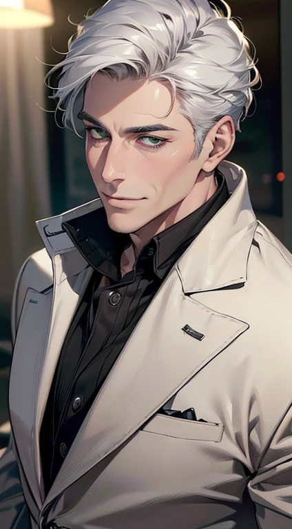 (best quality,4k,8k,highres,masterpiece:1.2),ultra-detailed,(realistic,photorealistic,photo-realistic:1.37),cinematic lighting,1:4 hdr image,a mature man, 2,very handsome,cold expression smile in love, short grey white hair, green eyes,flawless face,buttoning his jacket,CEO
