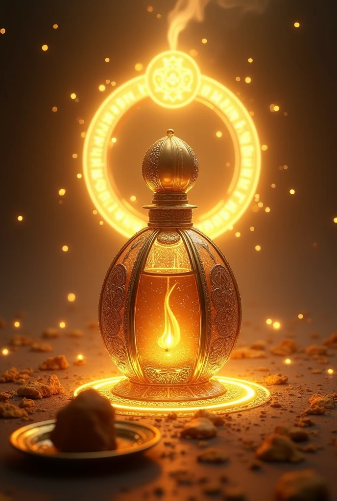 A bottle of glamorous perfume, in the center details that resemble an egg. In the background A circle of golden light surrounding an incense flame and a piece of myrrh. The image should convey a sense of protection and security., with symbols of spiritual protection in the background, like a shield or ancient runes.
Flame of Transformation