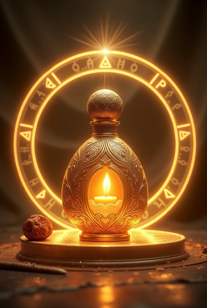 A bottle of glamorous perfume, in the center details that resemble an egg. In the background A circle of golden light surrounding an incense flame and a piece of myrrh. The image should convey a sense of protection and security., with symbols of spiritual protection in the background, like a shield or ancient runes.
Flame of Transformation
