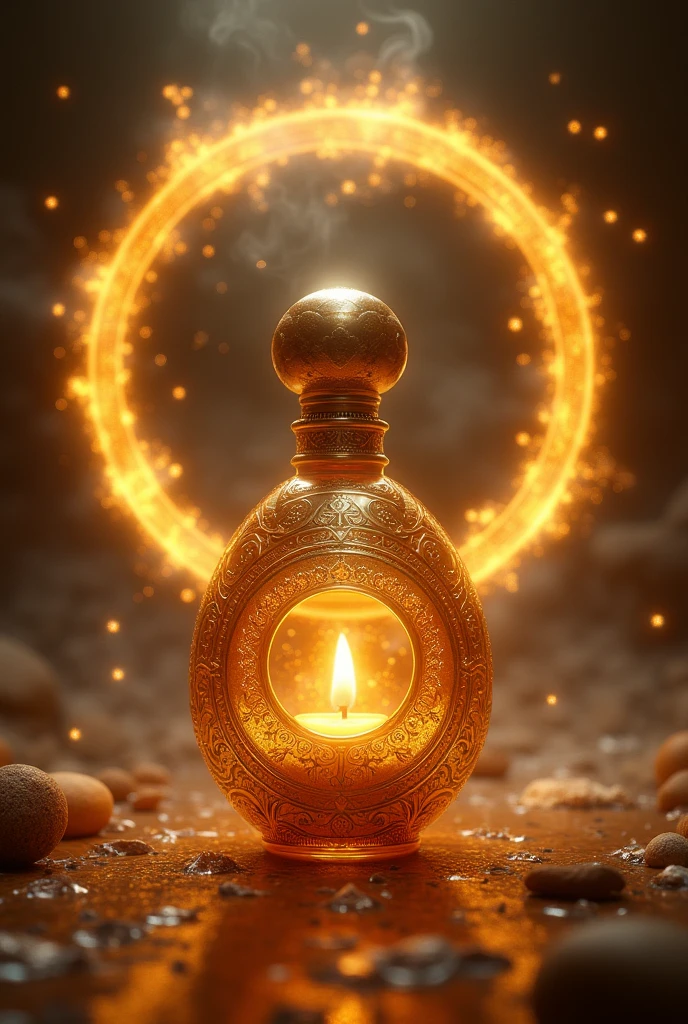 A bottle of glamorous perfume, in the center details that resemble an egg. In the background A circle of golden light surrounding an incense flame and a piece of myrrh. The image should convey a sense of protection and security., with symbols of spiritual protection in the background, like a shield or ancient runes.
Flame of Transformation