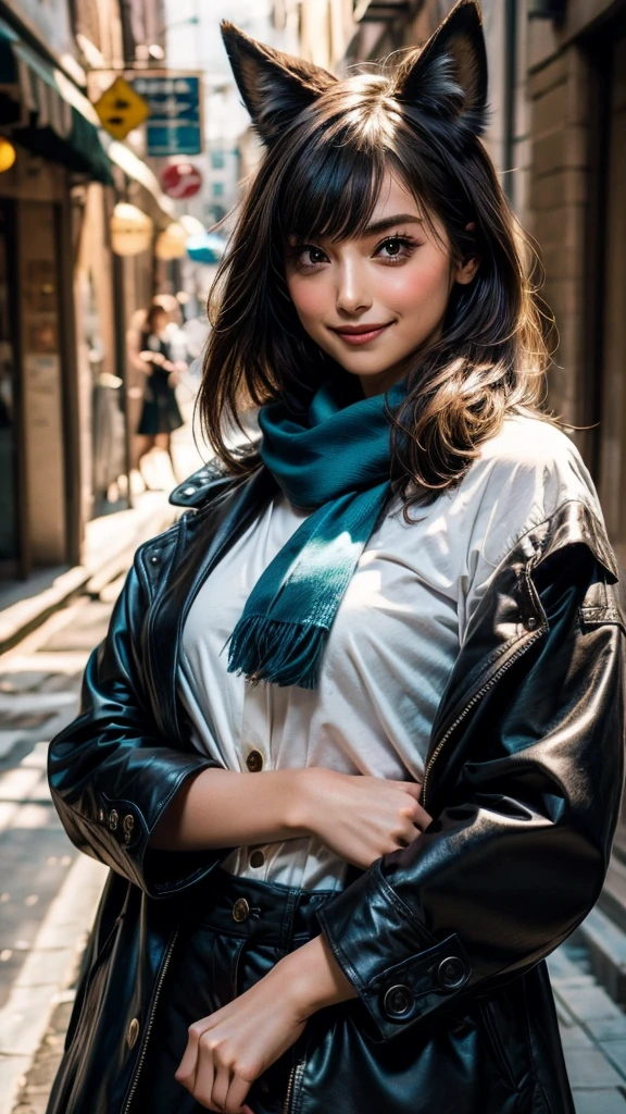 One girl, Animal earsの毛, Animal ears, Aqua Eye, bangs, black coat, chest, button, coat, Arms crossed, Fox Ears, Fox Girl, High resolution, large chest, Long Hair, View your viewers, Open your mouth, 部分的にbuttonを外した, road, scarf, shirt, Short eyebrows, smile, alone, Are standing, street, tail, Thick eyebrows, Upper Body, white shirt, From below