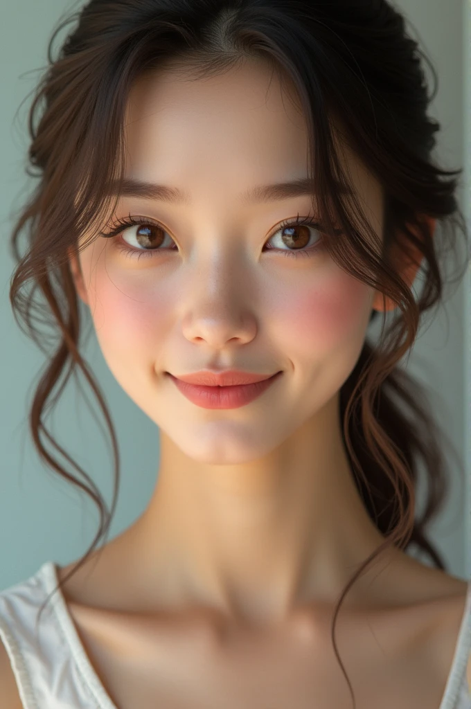 Create a 30 year old girl portrait, with angel face, beautiful charming with intelligence, affectionate smile,