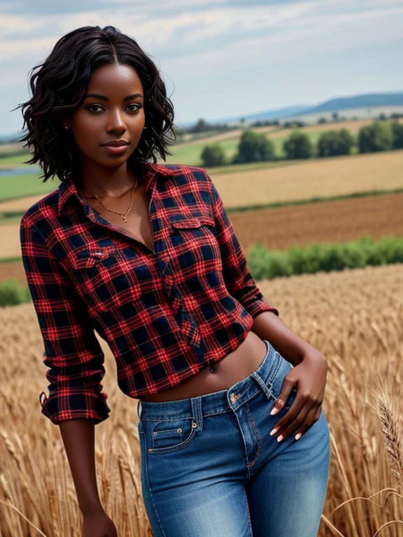 ebony beauty with short straight black hair. Penetrating brown eyes should be the focal point. She is wearing a red flannel shirt and denim jeans, In the background, a wheat field is shown, a heavenly and luxurious place, 8k, perfect photo, dark skin, chocolate skin, beautiful green eyes. impeccable image of high quality and creativity, RAW colors, balanced lights