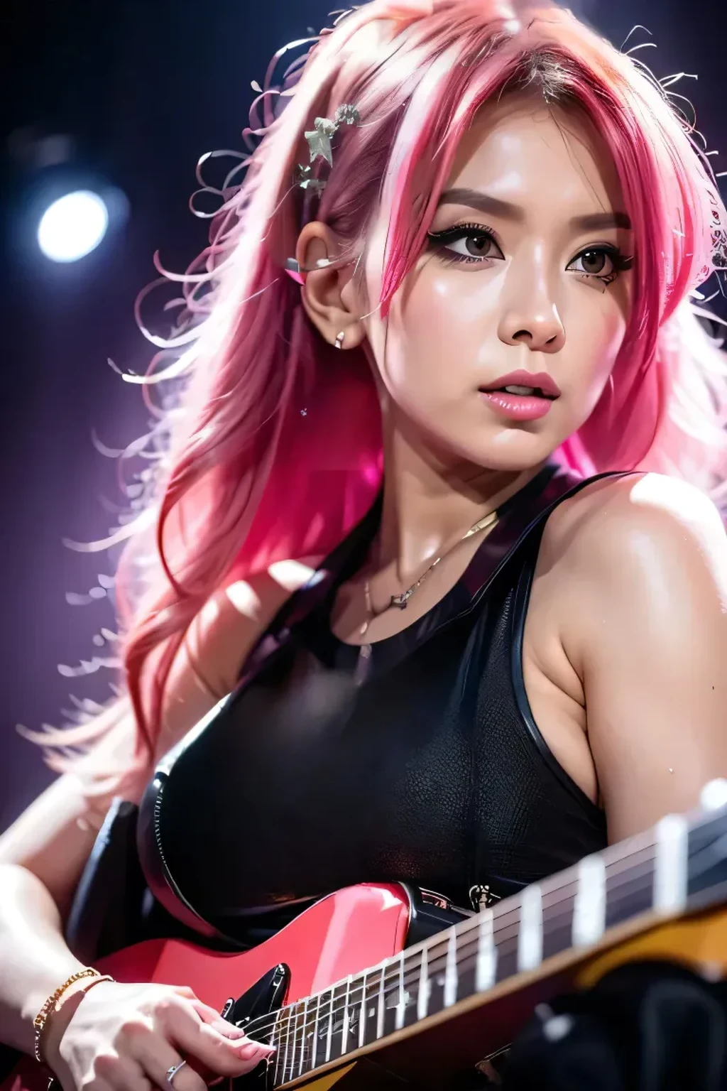 Close-up of a person holding a guitar on stage, portrait of Black Pink&#39;s Joshi, Pink Hair, Roseanne Park from Blackpink, Portraits of Korean female idols, Black Pink&#39;s Joshi, 8k ArtJam bokeh, Black Pink&#39;s Jisoo, BLACKPINK&#39;s Jisoo, trending ArtJam, San Yun-ju, ig model | ArtJam, 流れるようなPink Hair