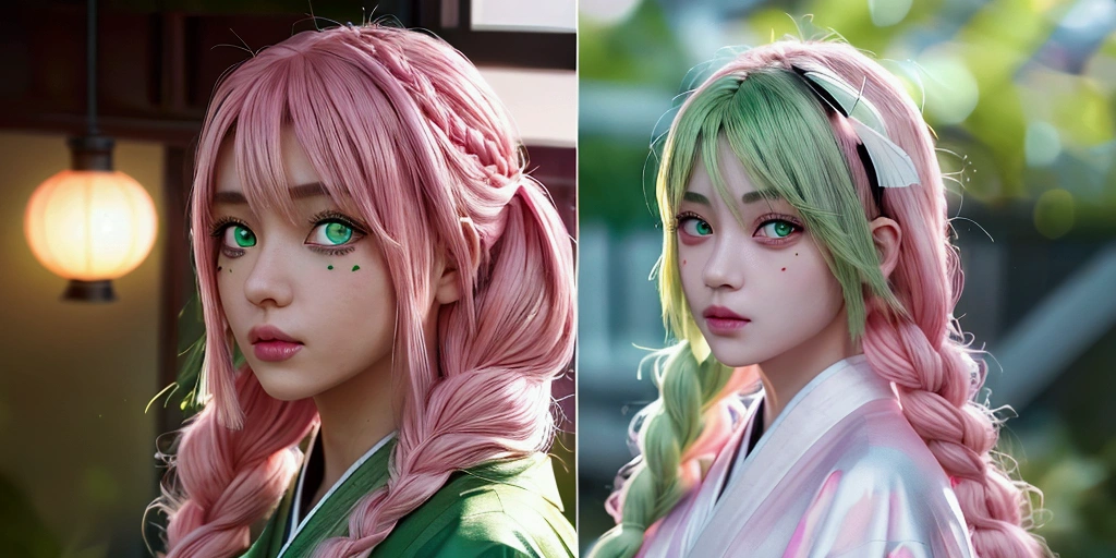 place:(day:1.7), Wisteria flores, in Forehead of the window, action:holding a sword, trap:(demon hunter clothing), ((black kimono)), ((White feather fabric)), character:Mitsuri Kanroji,Murderer of demons, hair:Pink hair((Green look like)), ((Pink hair)), ((Green hairs)) , braid,long hair , by the wide, Block a role: 1 girl,alone,young ,beautiful finger,Beautiful long legs,beautiful body,Beautiful nose,beautiful character design, perfect look likes, Perfect face, look like'Expression: View viewer, (innocent_big_look like:1.0),(笑face:1.3), quailluminatedy: official art,Fondo de pantalla CG Unity 8k altamente detallado, Perfect illuminated,showy, bright_Forehead_face_illuminated, (masterpiece:1.0),(higher_quailluminatedy:1.0), 超High resolution,4k,Super detailed, Photoshoot, 8k, HdR, High resolution, absurd :1.2, photo kodak 400, film grain, the background is blurred, bokeh:1.2, Lens flare, (Dynamic_Color:1.2) (((full body portrait))), (((full body image))), (((Full body photo))), (((beautiful detailed green eyes, Beautiful Detailed Lips, extremely detailed face and hair)))